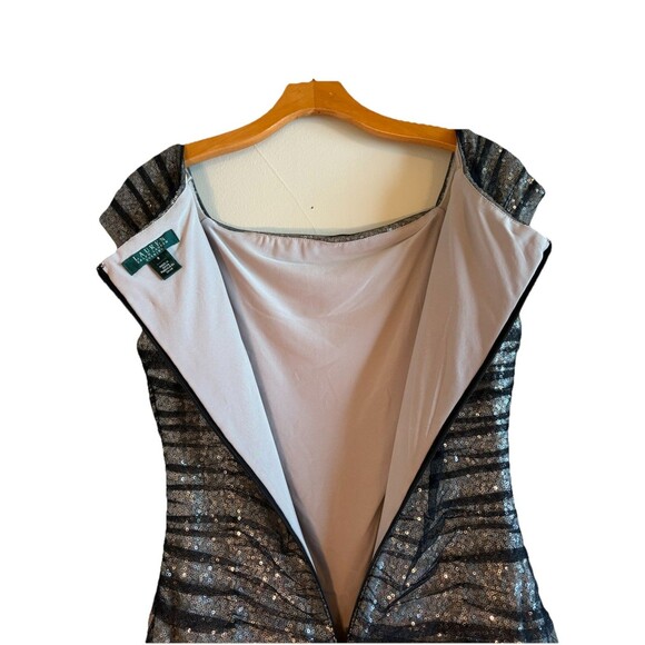 Ralph Lauren‎ Black Gray Sequined Mesh Ruched Sheath Cocktail Party Dress Size 8 - Picture 11 of 13